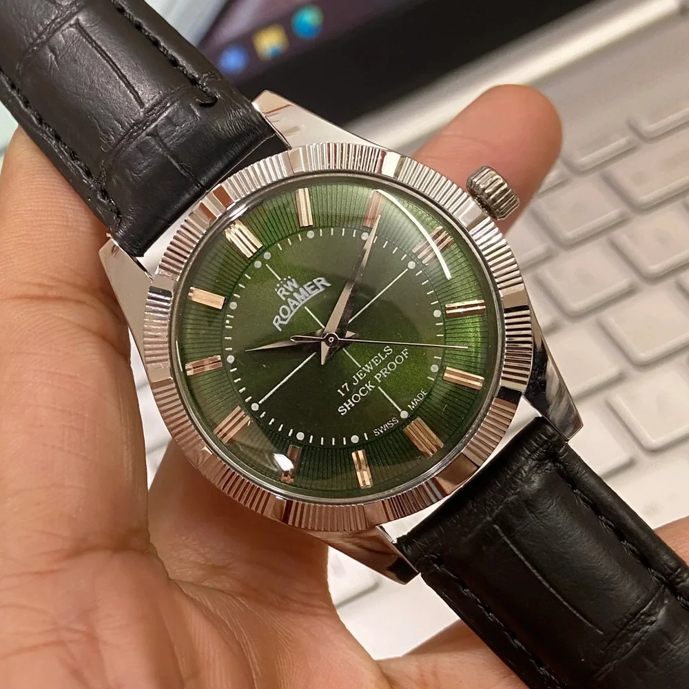 Vintage 1974 Roamer Manual Mens Silver Watch W/Leather Strap & Green accents